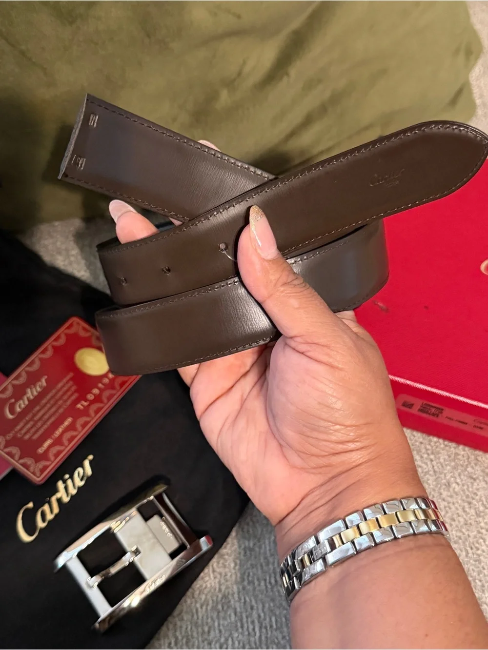 Cartier Men's Black Leather Belt with Silver H Buckle and Red Box